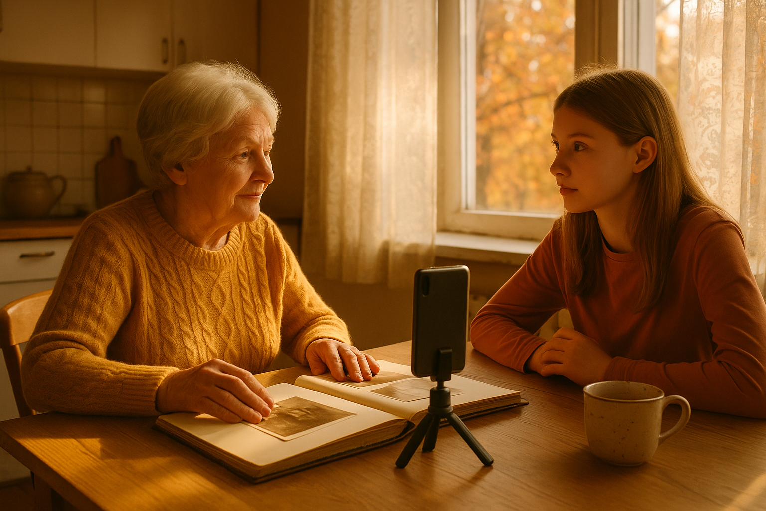 A grandmother sits at a kitchen table sharing memories with her granddaughter while a phone records the conversation.