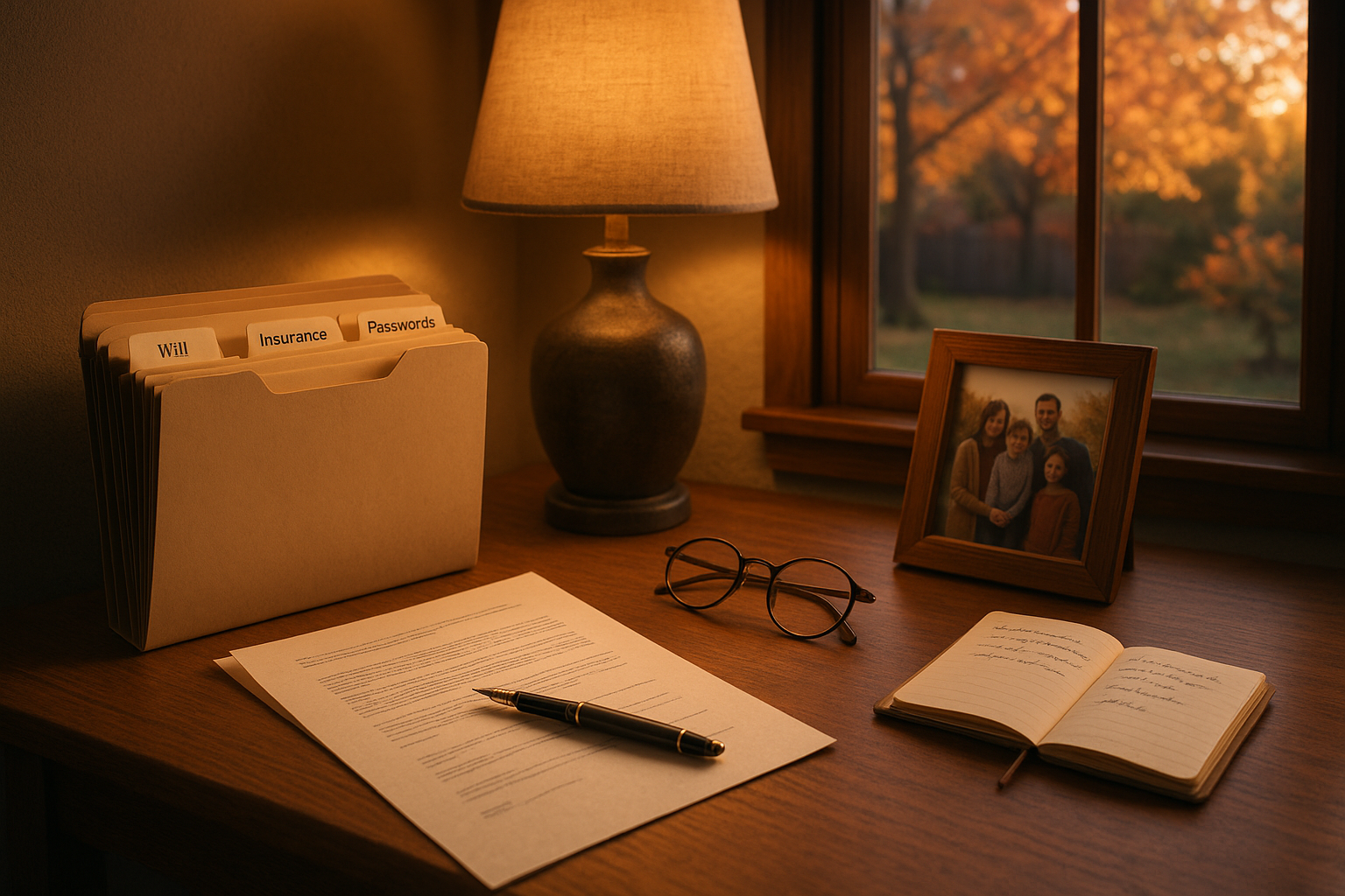 A tidy desk with an organized document folder, pen, glasses, and family photo representing end-of-life affairs being put in order.