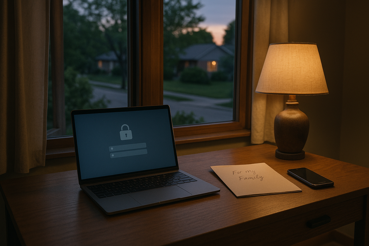 A laptop displaying a locked account screen next to a handwritten letter of instruction on a desk at dusk, symbolizing digital estate planning for email and cloud accounts.
