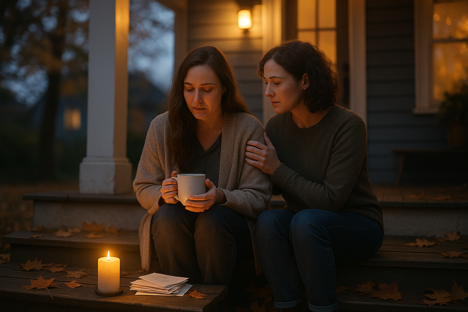 Two friends sitting together on porch steps at dusk, one comforting the other during her first year of grief, with sympathy cards and a candle nearby