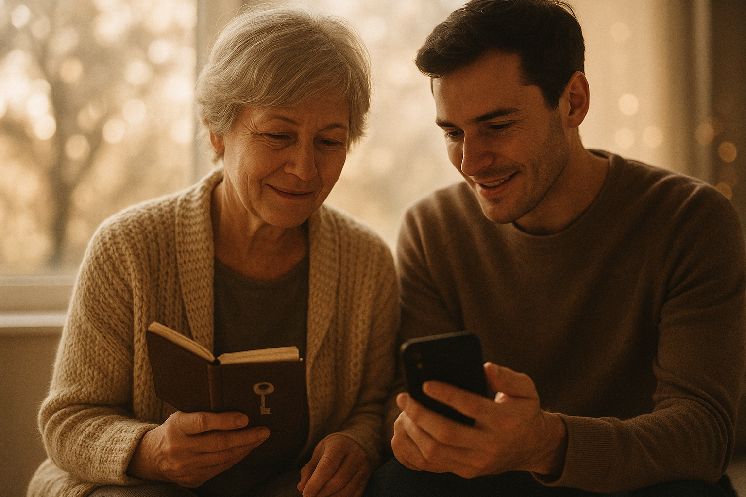 A family sitting together reviewing a written digital legacy plan and password notebook at a kitchen table