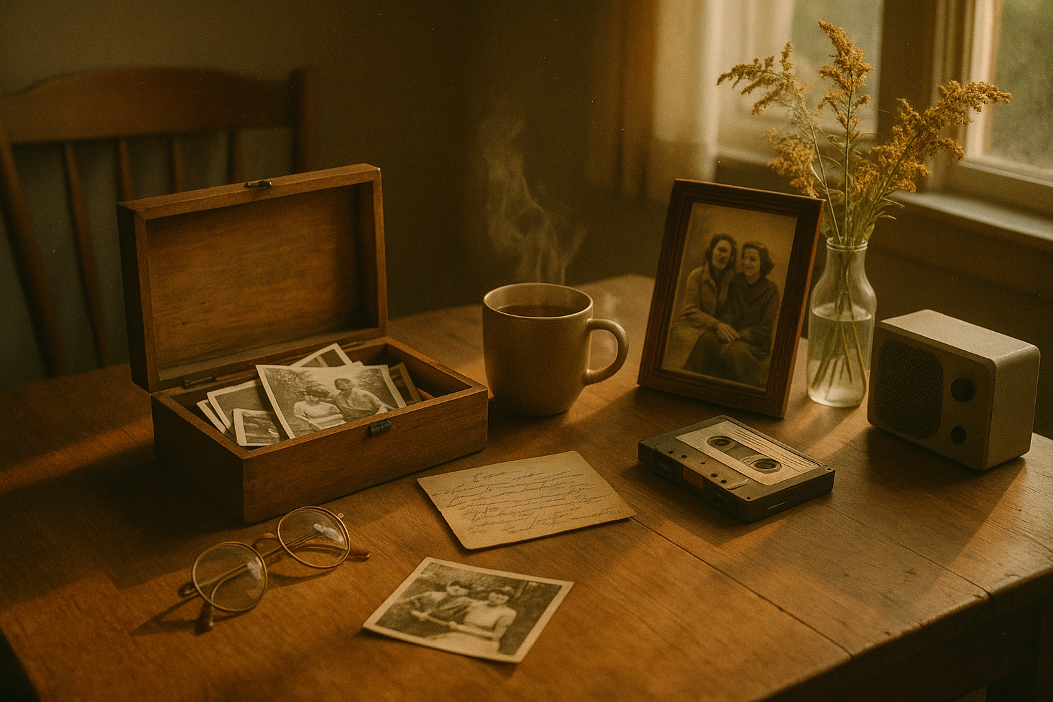 A wooden memory box filled with old photographs, a handwritten recipe card, and a cassette tape on a sunlit kitchen table, evoking gentle remembrance of a loved one