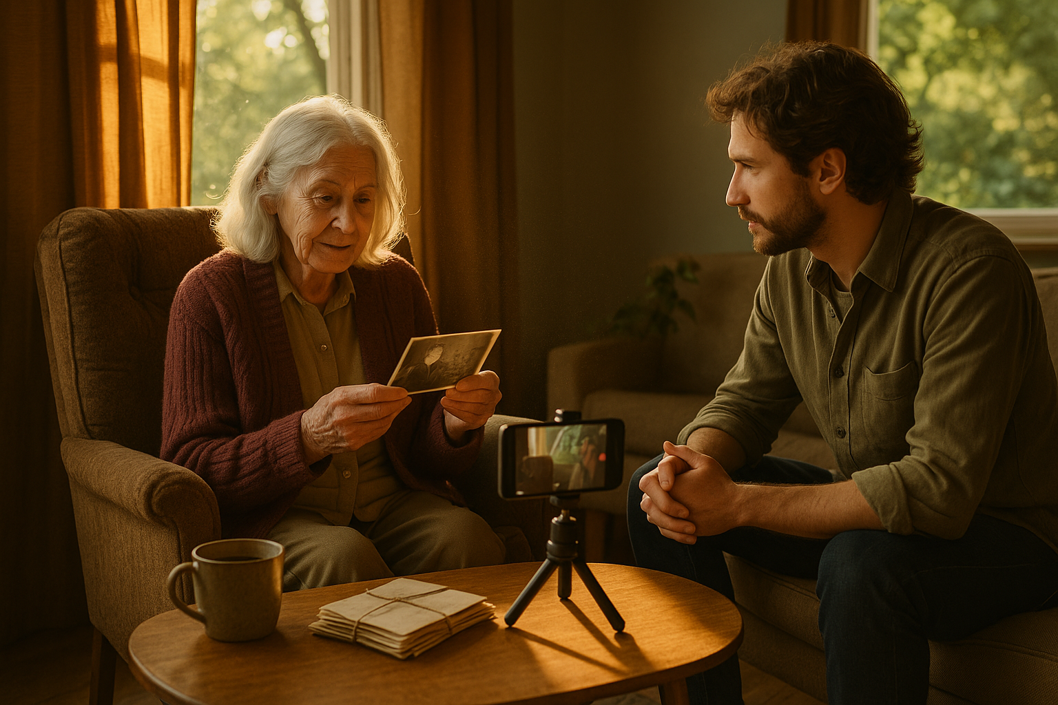 An elderly woman shares a family story with a younger relative who is recording the conversation on a smartphone in a cozy, sunlit living room