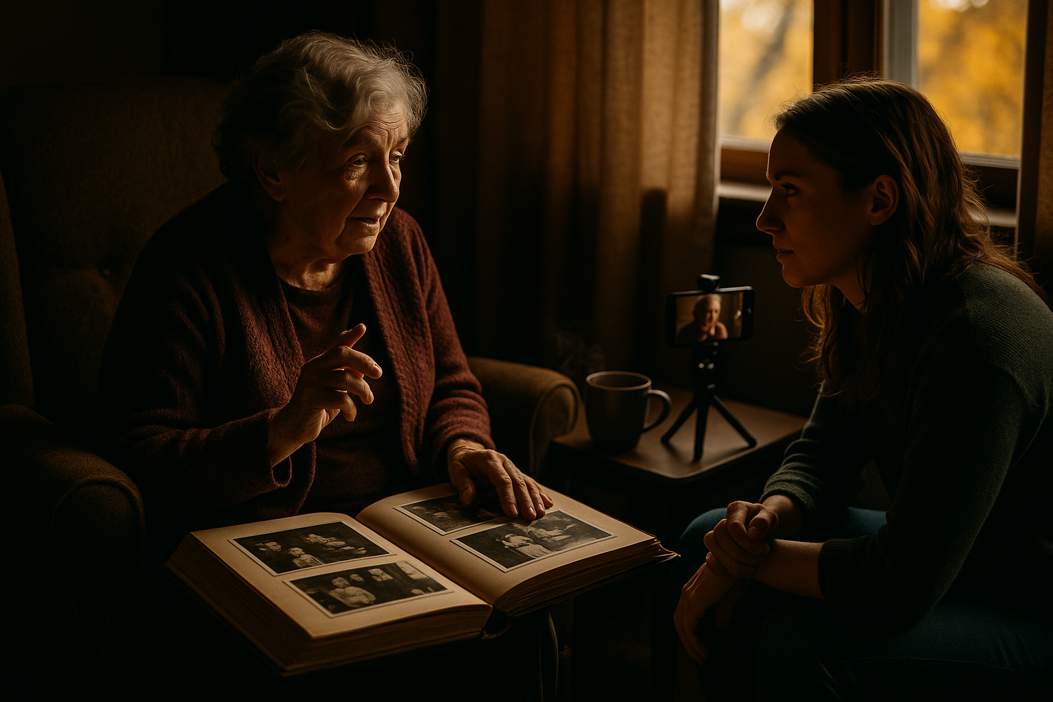An elderly grandmother sharing family stories from a photo album while being recorded by her granddaughter in a warm living room