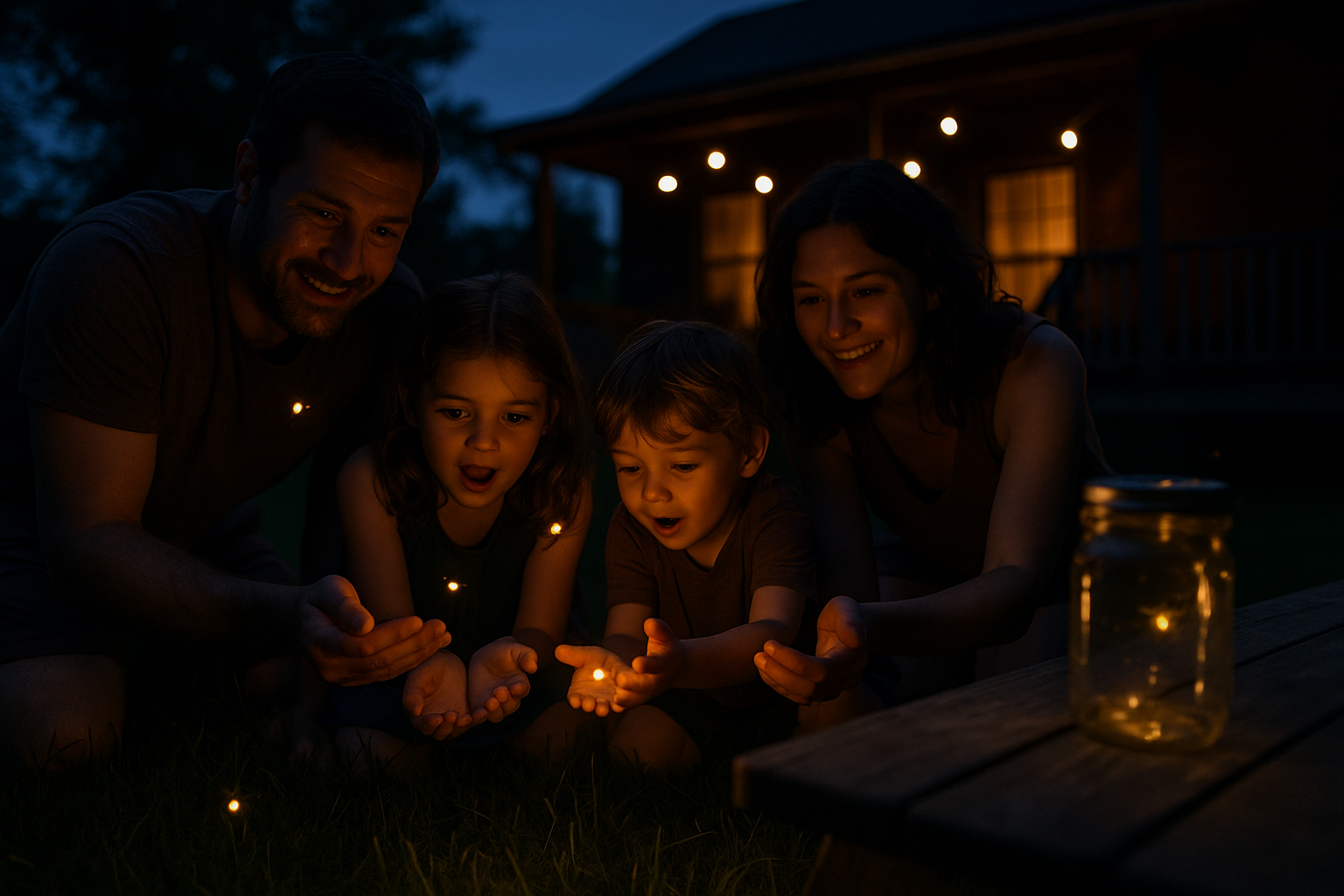 A family chasing fireflies together in their backyard at dusk, starting a new summer tradition