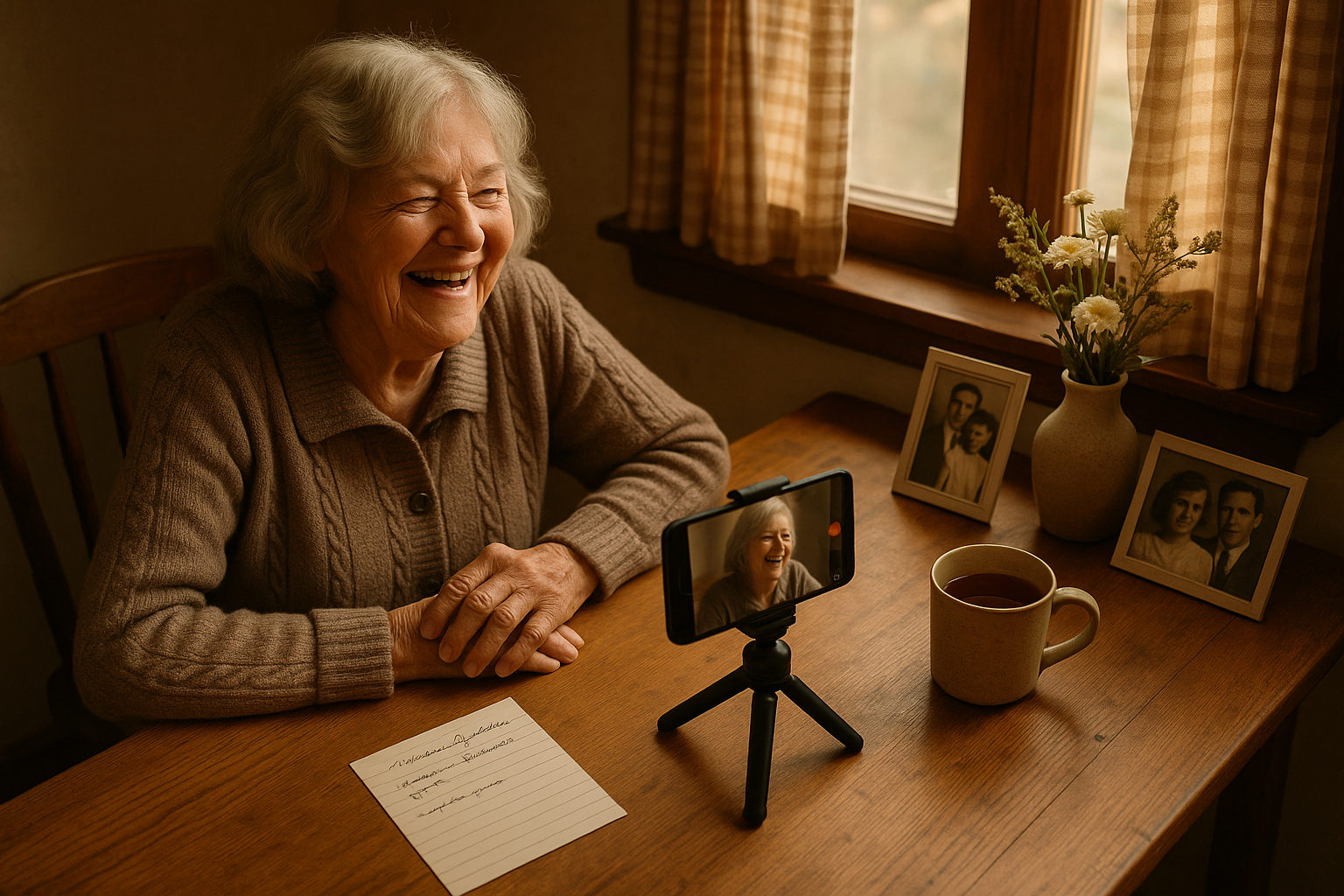 An elderly woman being recorded on a smartphone propped on a tripod at a kitchen table, sharing family stories for future generations.