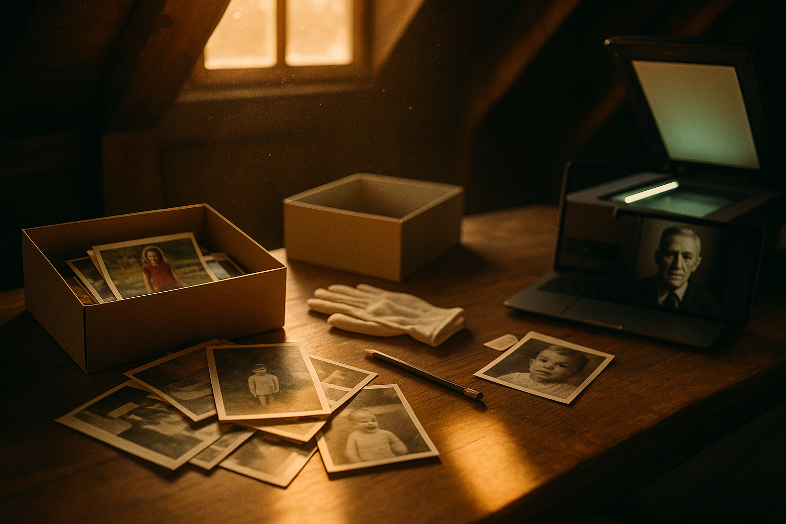 An open shoebox of faded family photographs beside archival gloves, a pencil, and a scanner digitizing prints at a wooden desk in warm afternoon light