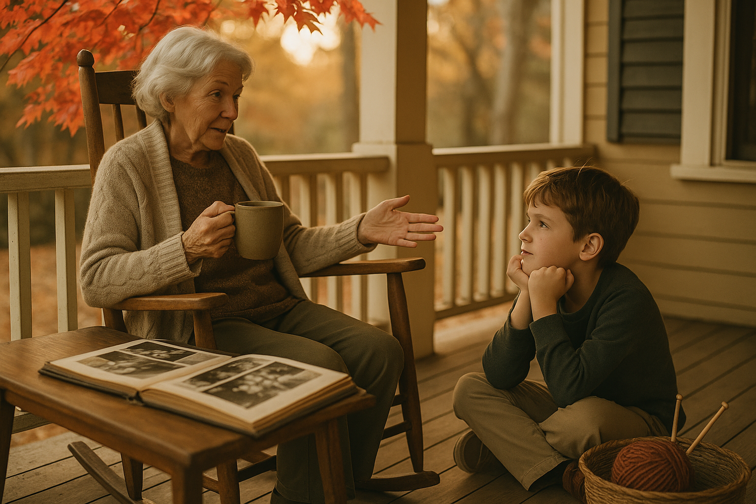 A grandmother telling a story to her attentive grandson on a porch during golden hour, with an old photo album open beside them.