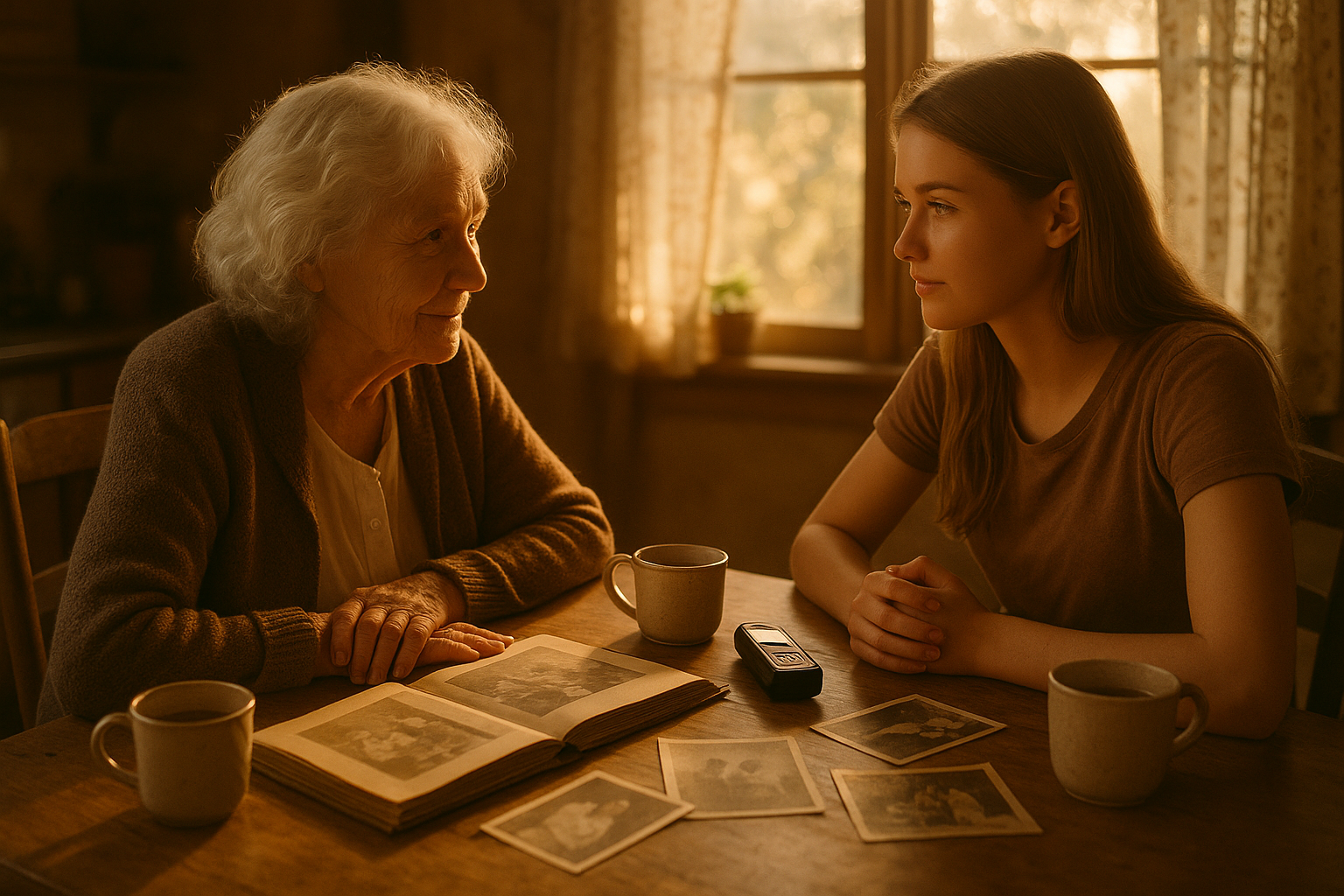 Grandmother and granddaughter sitting at a kitchen table with a voice recorder and old photo album, sharing life stories in golden afternoon light