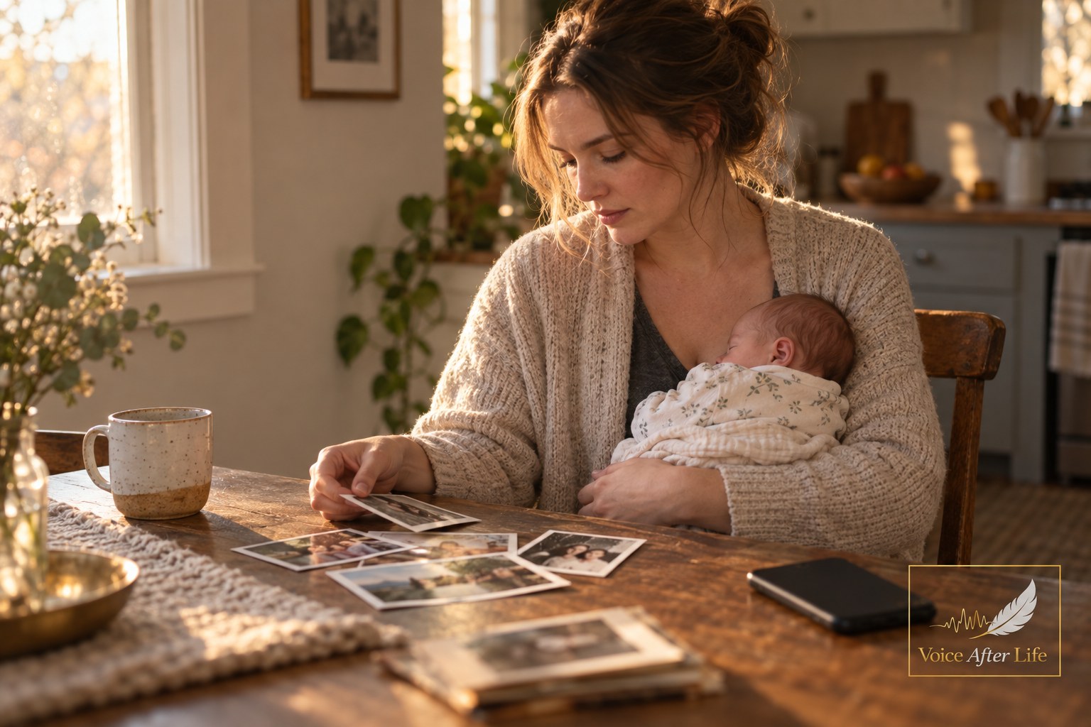 Young white mother with newborn at a kitchen table, quietly preserving family memories.