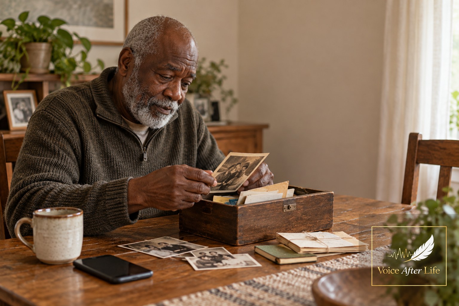 Elderly Black man at home opening a keepsake box and reflecting on old family photographs.