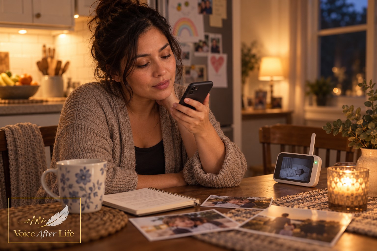 Latina mother at a kitchen table near a baby monitor, reflecting on family memories and recording.