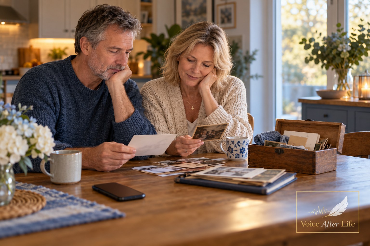 Older white couple together at home reviewing family keepsakes and shared memories.