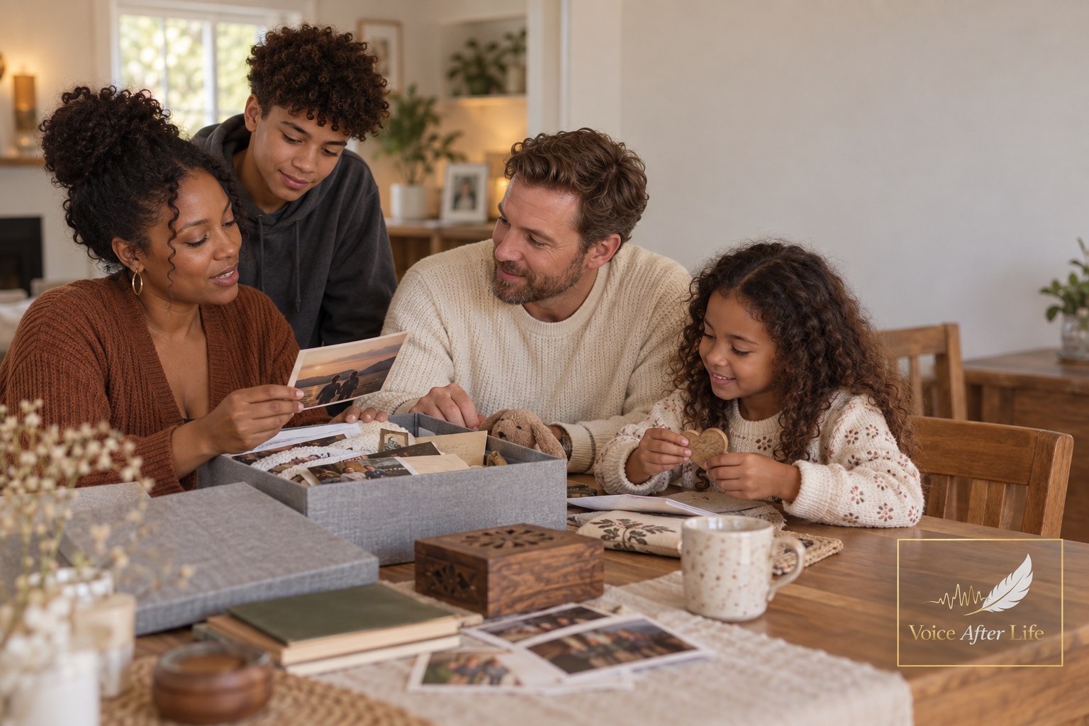 Multiracial family of four gathered around keepsakes and family memories at home.