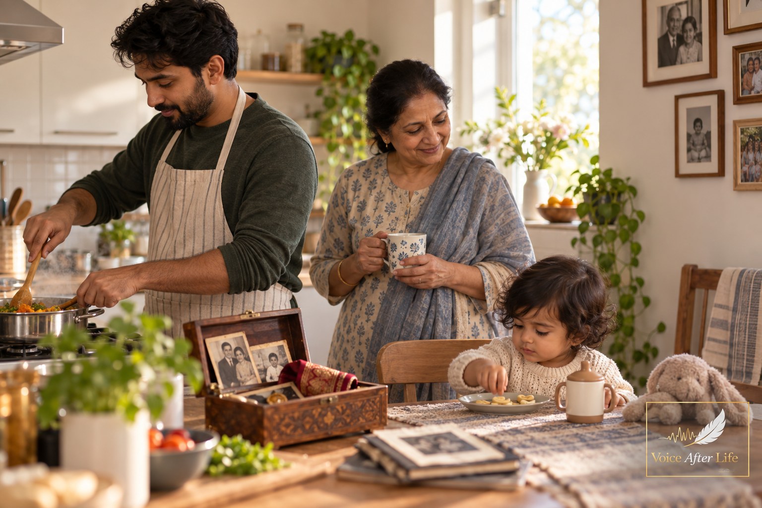 South Asian man cooking while an older woman and toddler share a warm family kitchen moment.