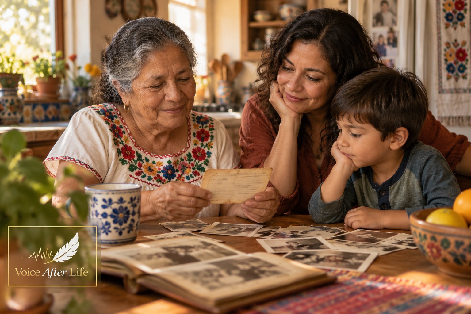 Latina grandmother, adult daughter, and young boy sharing old family memories around a table.