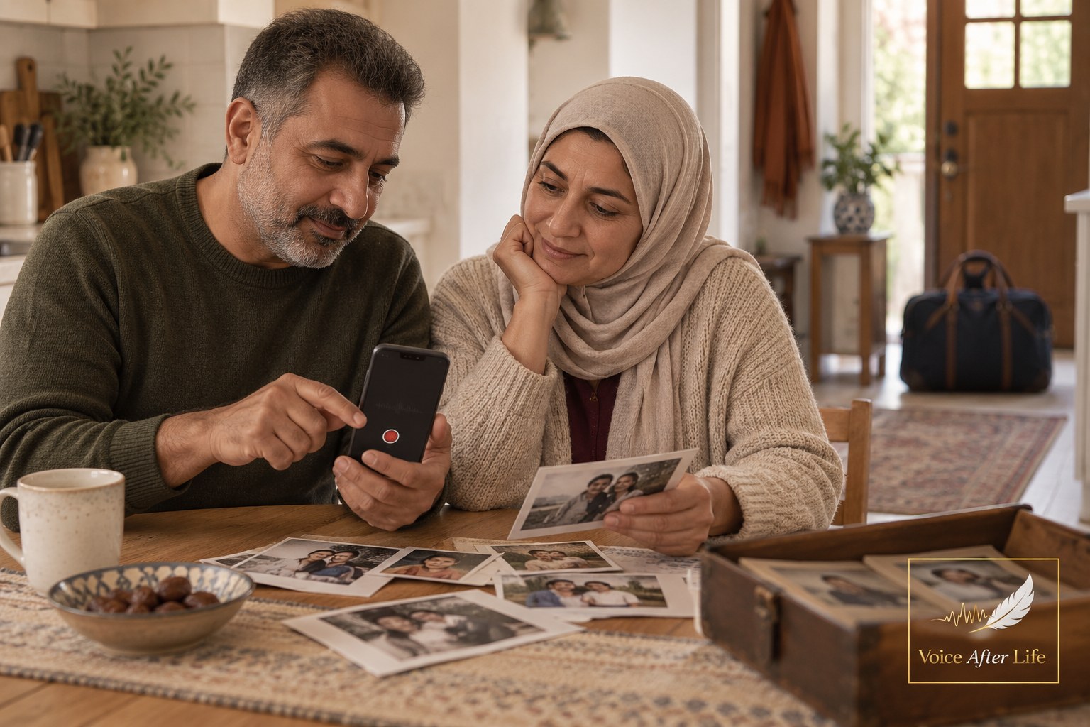 Middle Eastern couple at home with family memories and travel luggage, suggesting distance and transnational family ties.
