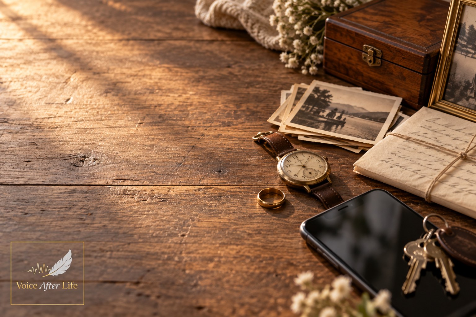 Still-life of photographs, letters, wedding ring, watch, keys, phone, and keepsake box on a wooden table.