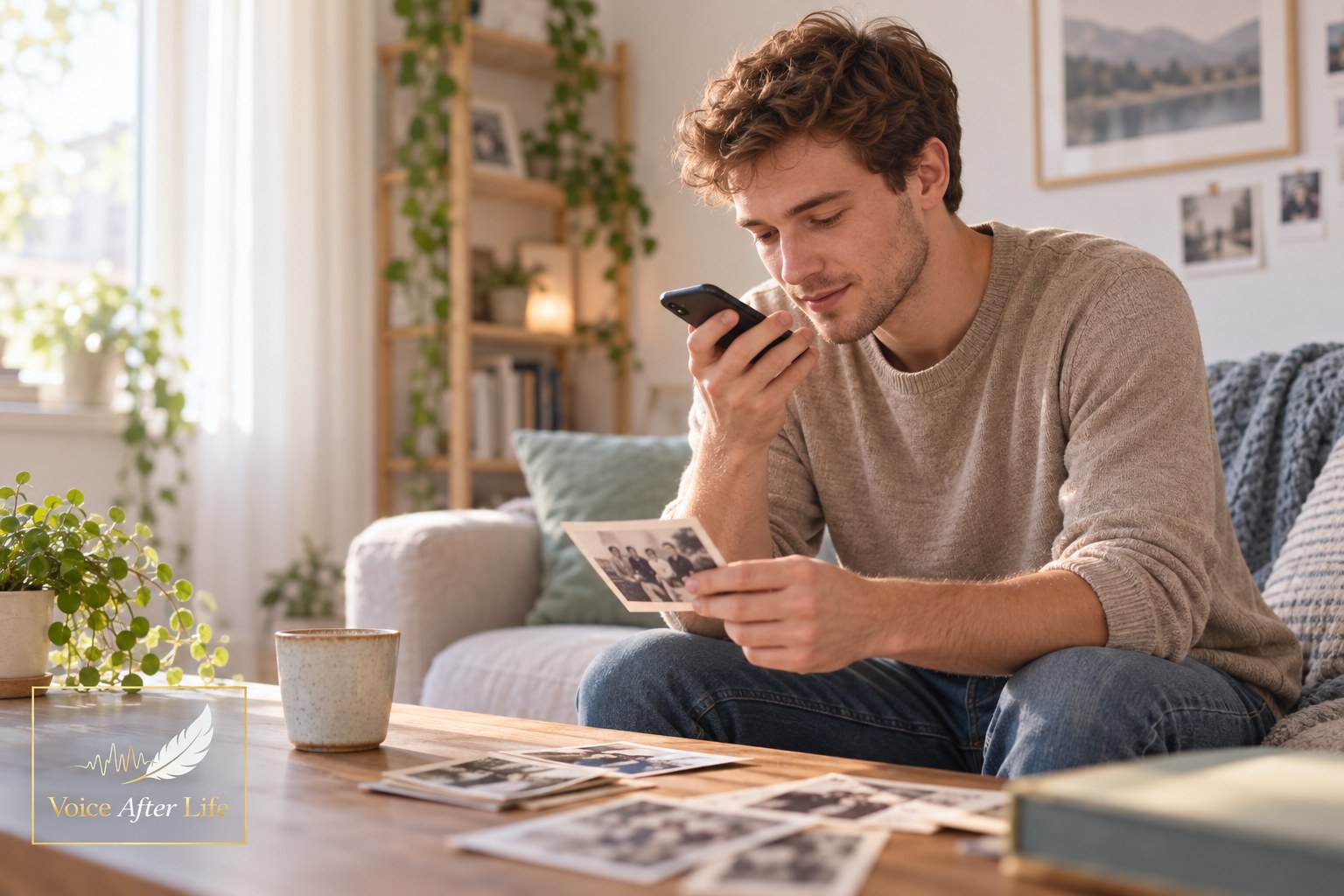 Young white man alone on a sofa holding a family photograph while recording a message.