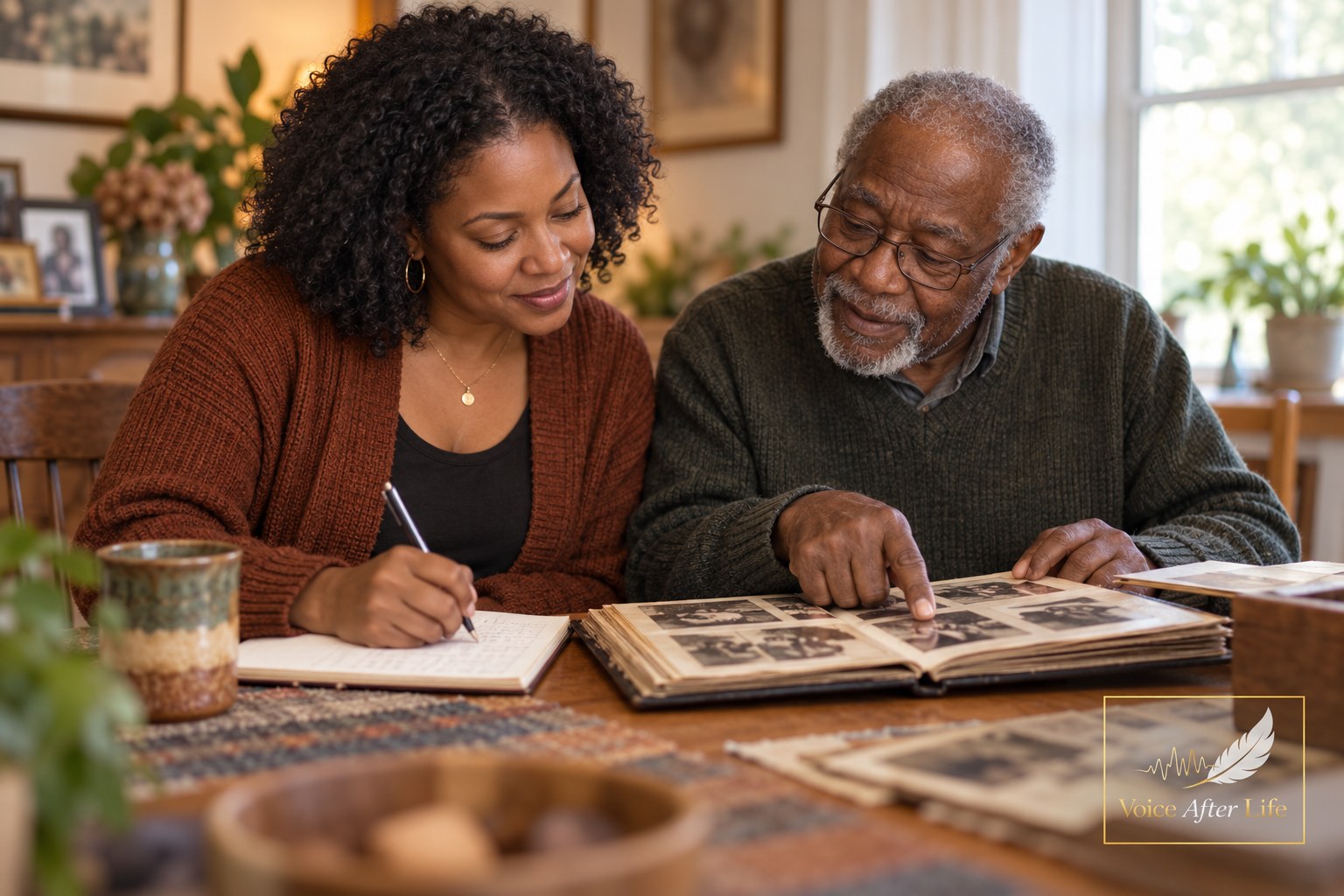 Black adult daughter taking notes while her elderly father identifies people in a family album.