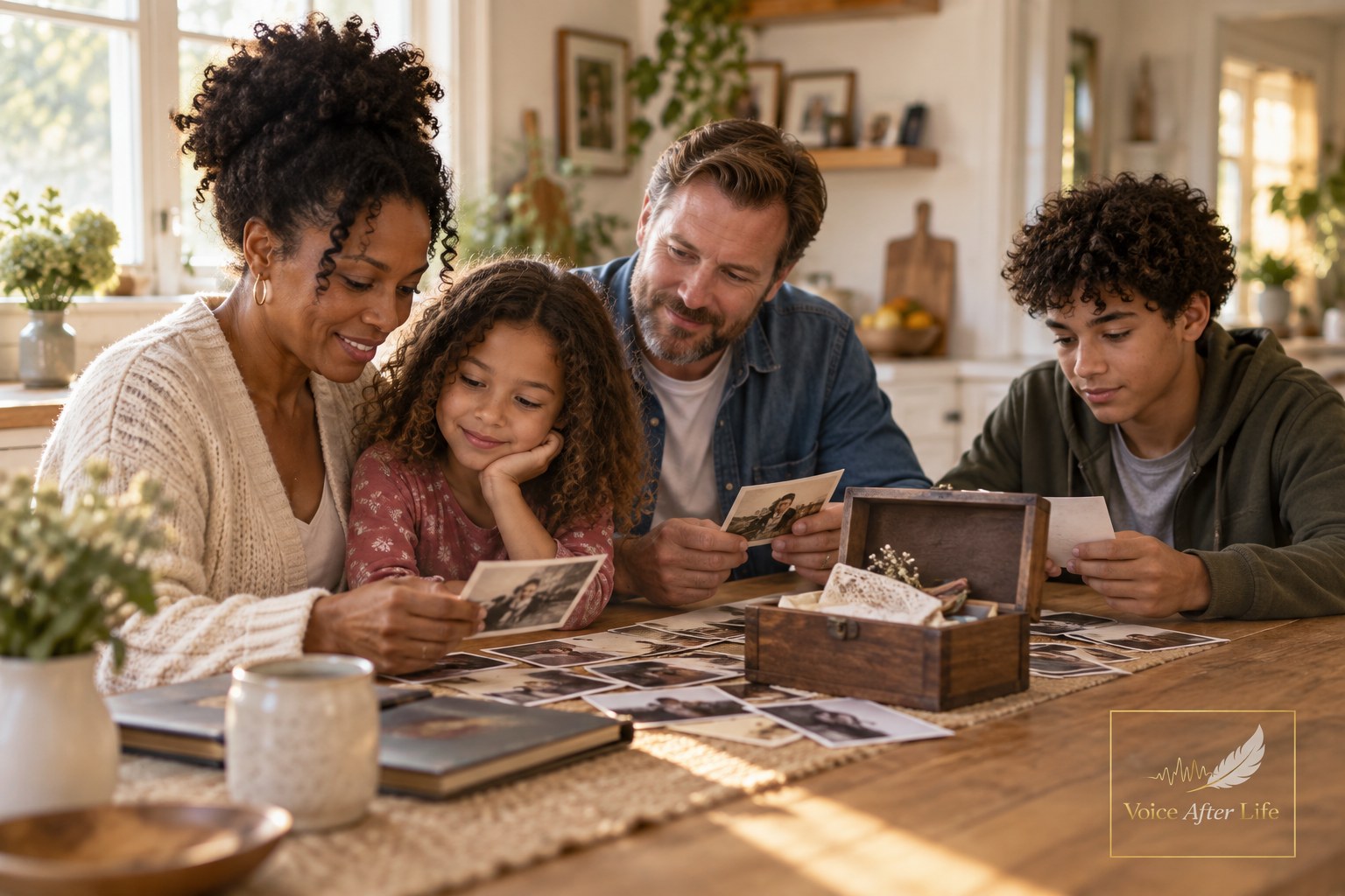 Multiracial parents and two children sorting a keepsake box together at home.