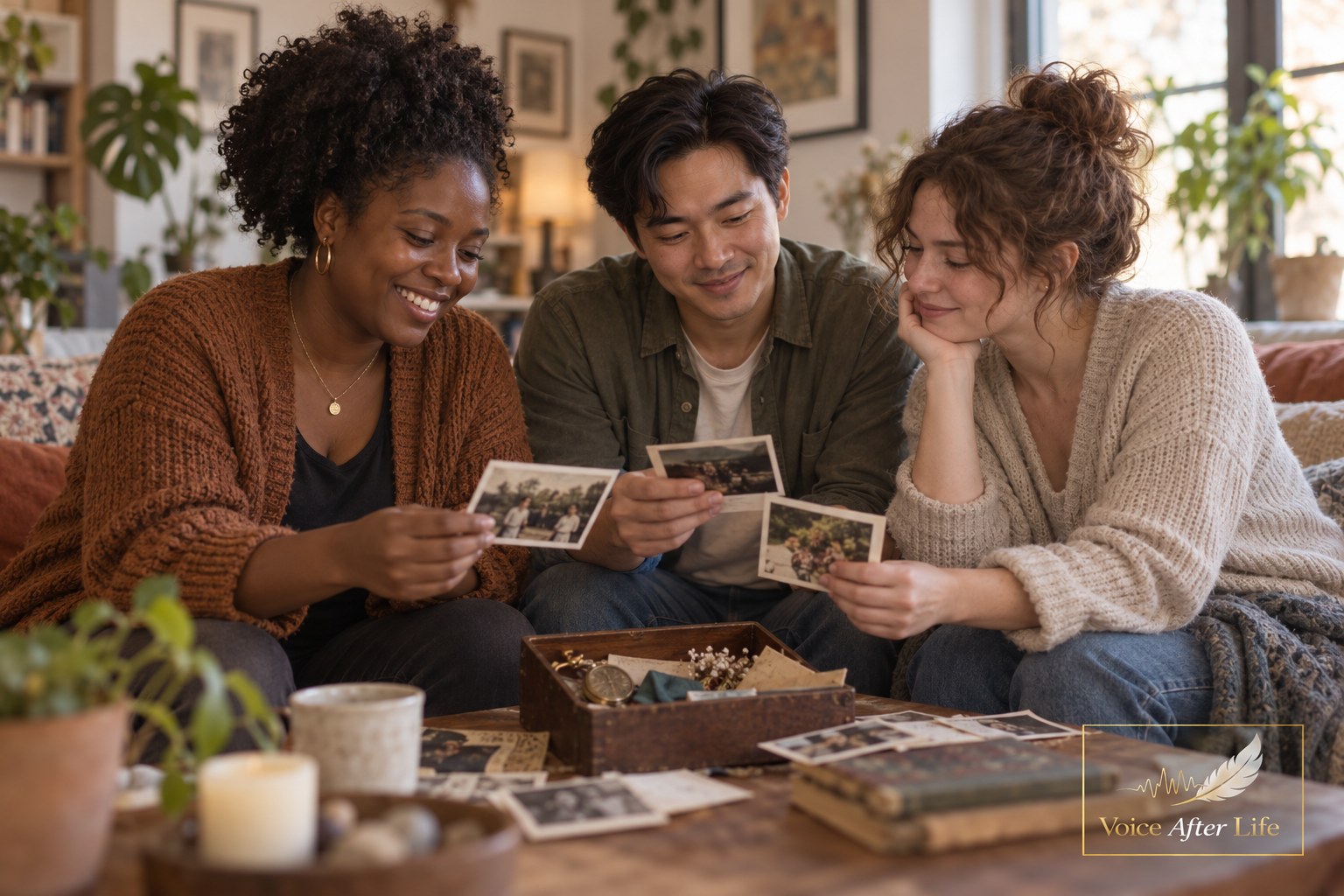 Three diverse adult friends sharing old memories together in a cozy living room.