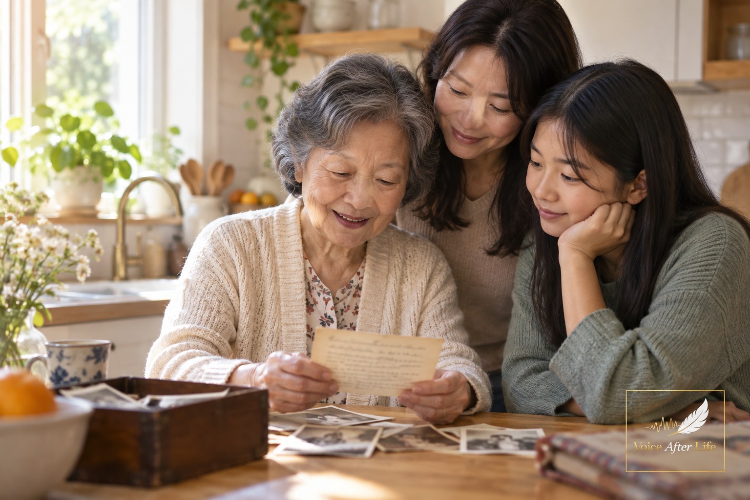 Three generations of East Asian women reading a handwritten family note together in a bright kitchen.
