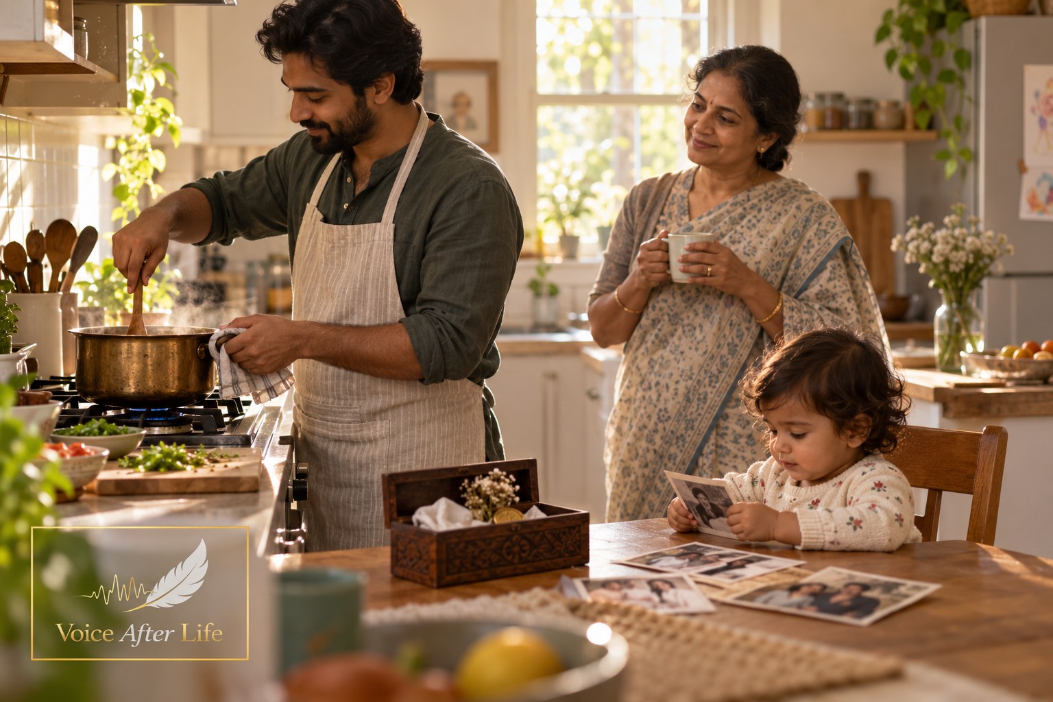 South Asian man cooks while an older woman watches and a toddler sits nearby with family keepsakes.