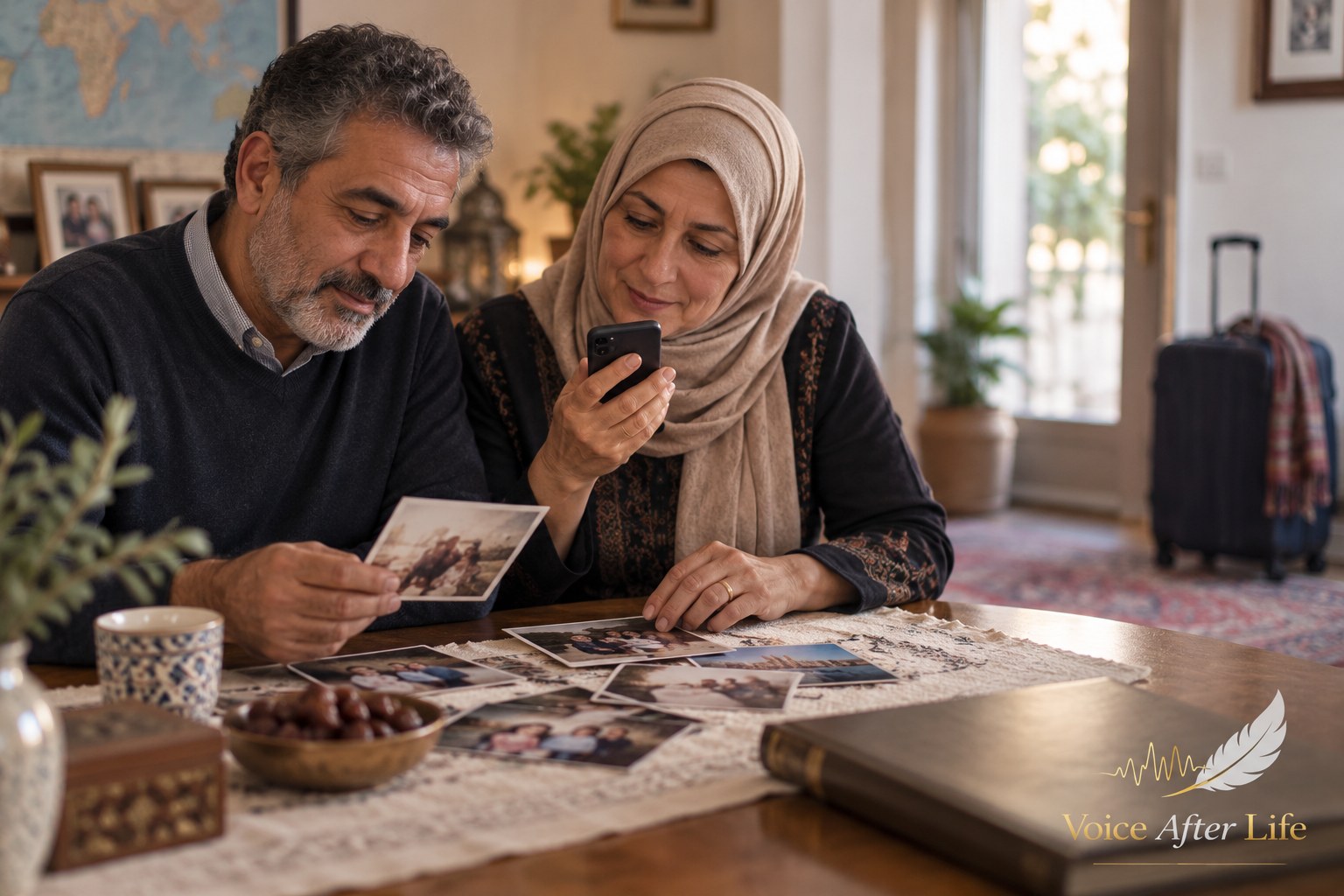 Middle Eastern couple with travel luggage and family photographs, listening to or creating a recording together.