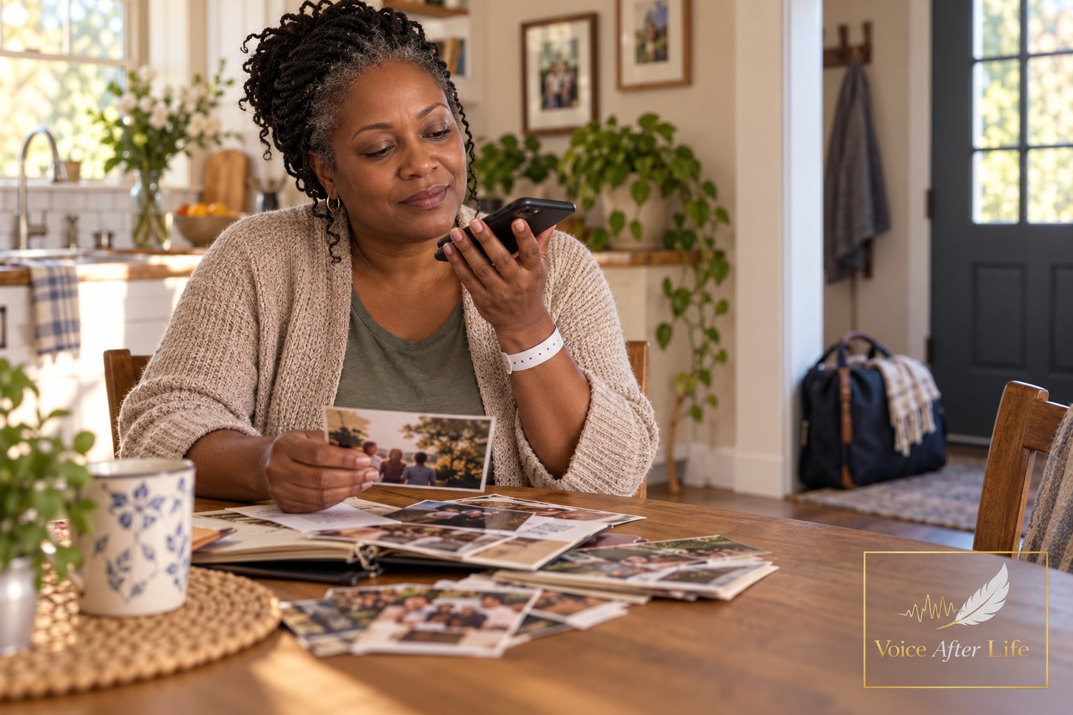 Middle-aged Black woman alone at a table with family photographs, travel bag, and voice recording setup.