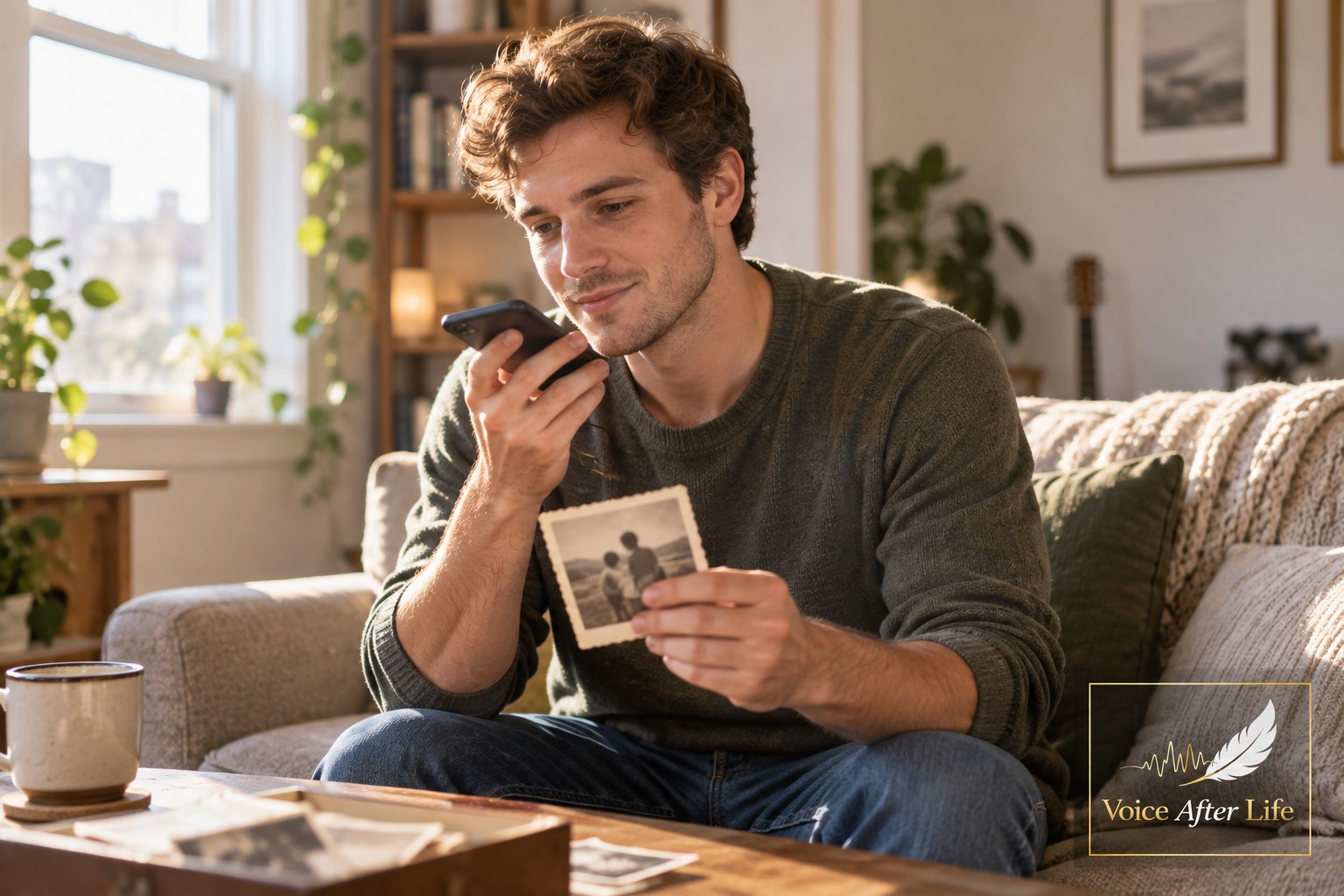 Young white man alone on a sofa reflecting on a family photograph while recording a message.
