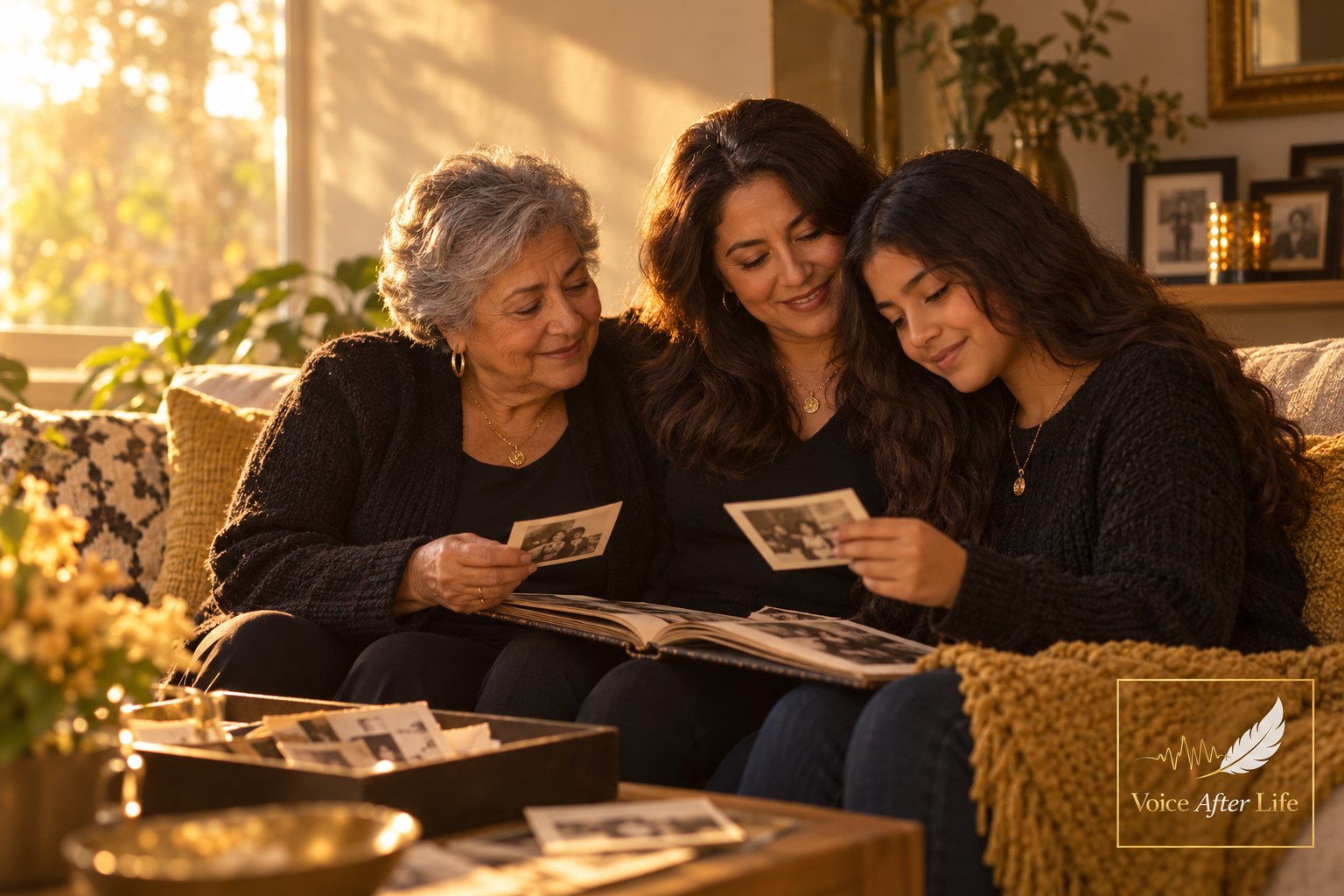 Three Latina women across generations gathered closely around old family images in golden light.