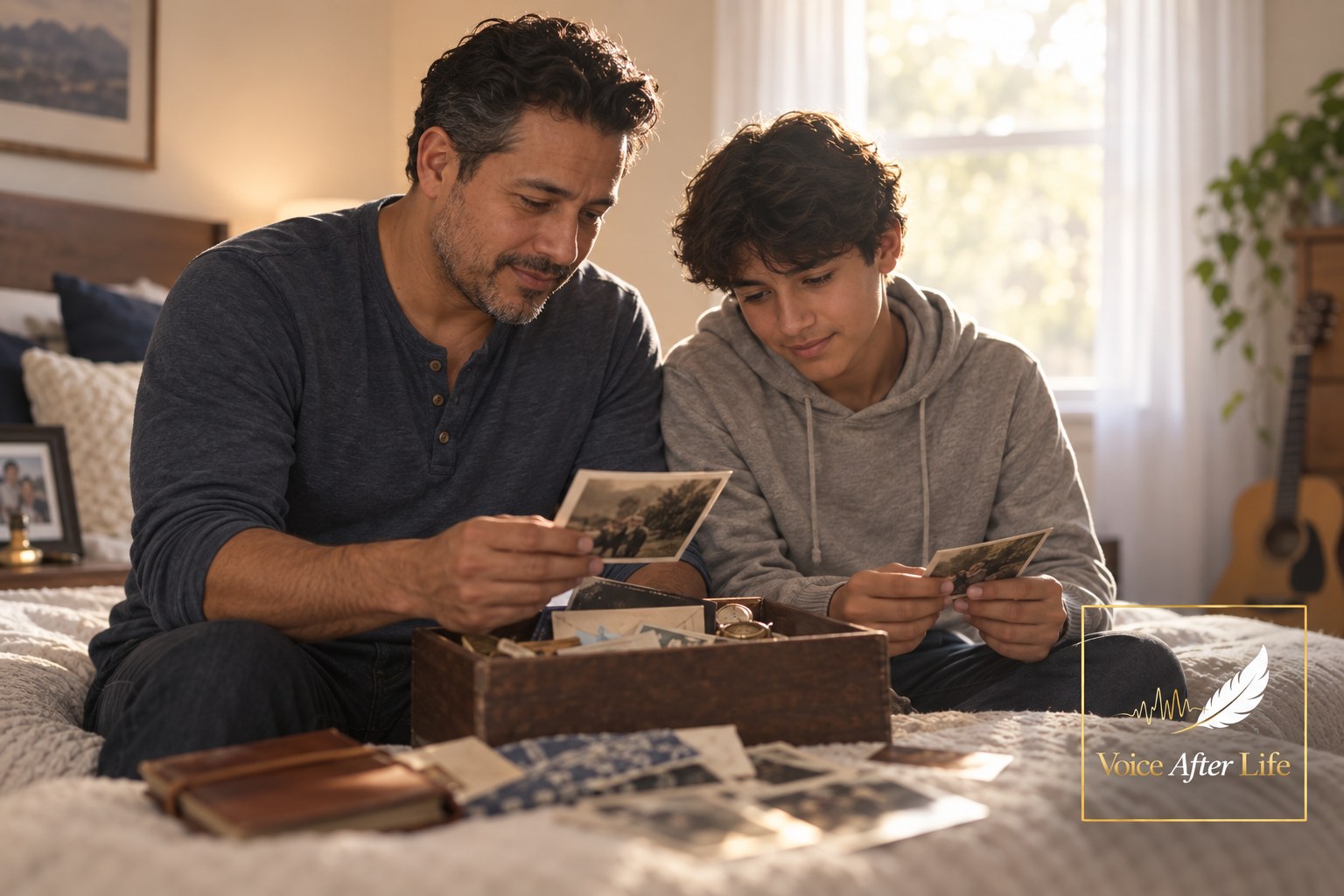 Latino father and teenage son sit together on a bed sorting family keepsakes and photographs.