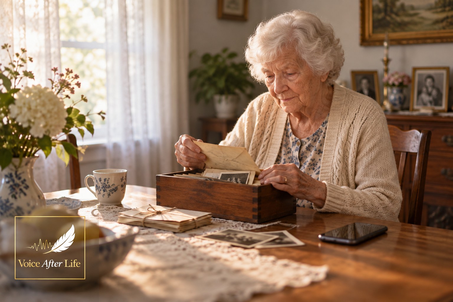 Elderly white woman alone at a dining table opening old letters and a wooden memory box.