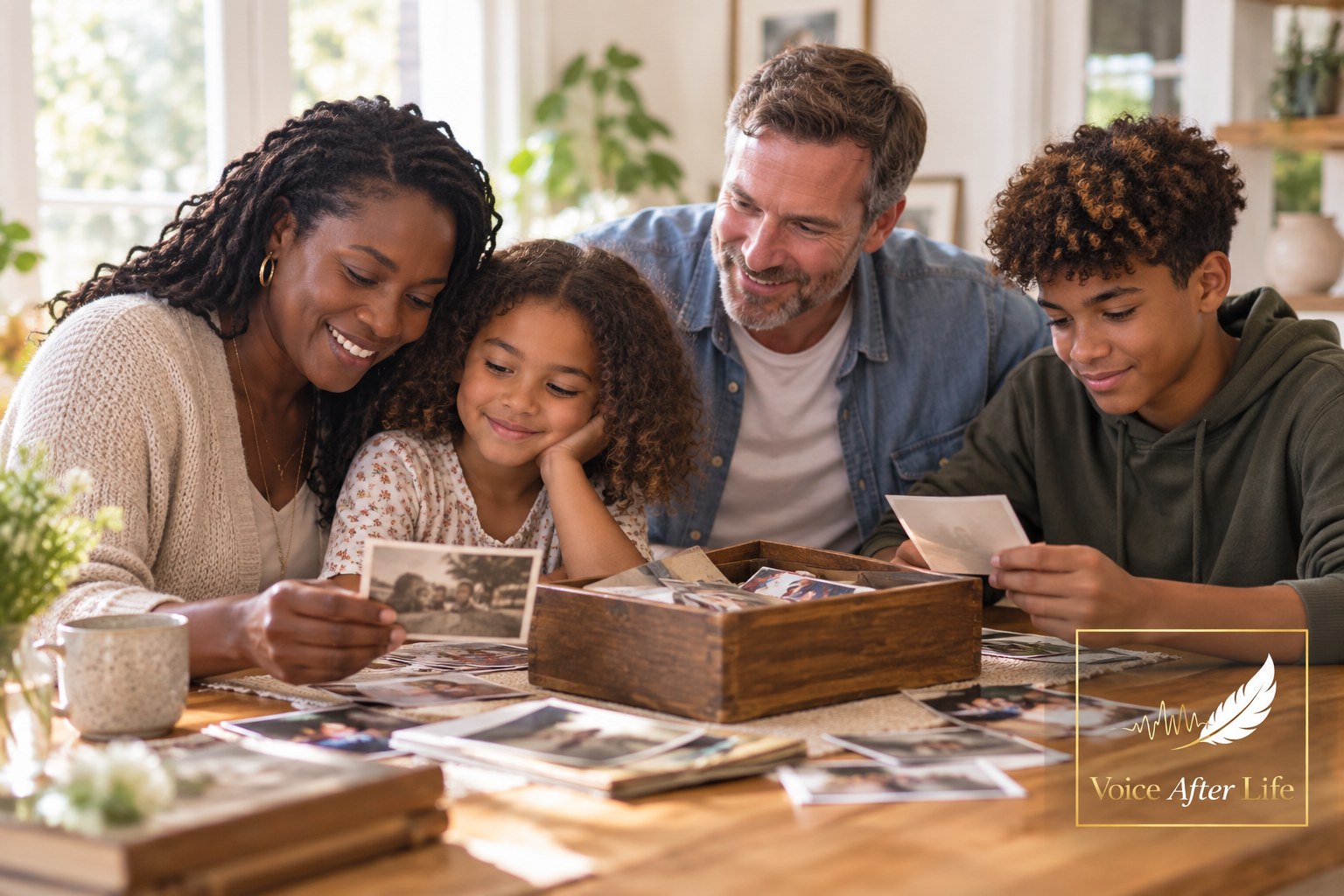 Multiracial family of four gathered around a wooden memory box and scattered family photographs.