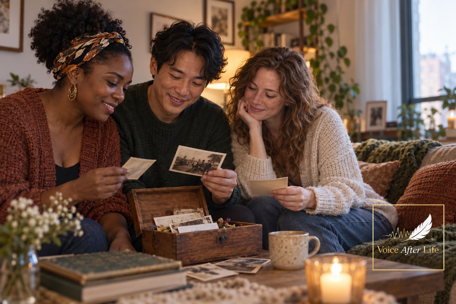 Three adult friends of different backgrounds share personal photographs and keepsakes together.