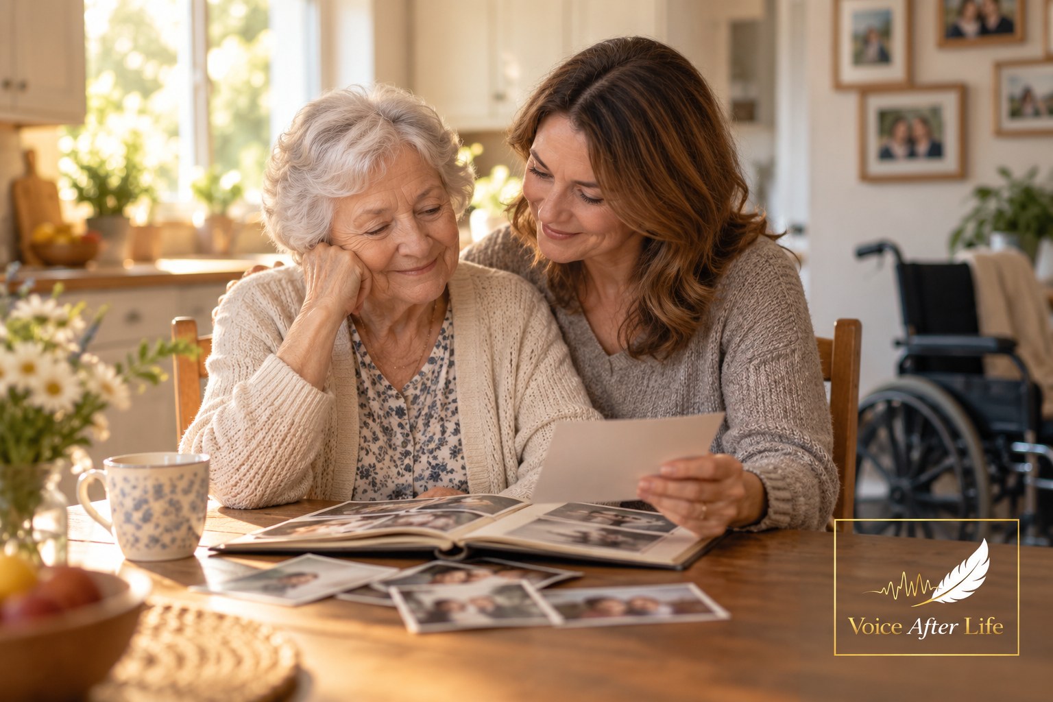Middle-aged white woman sits with an elderly woman at home; a wheelchair nearby suggests caregiving and mobility needs.
