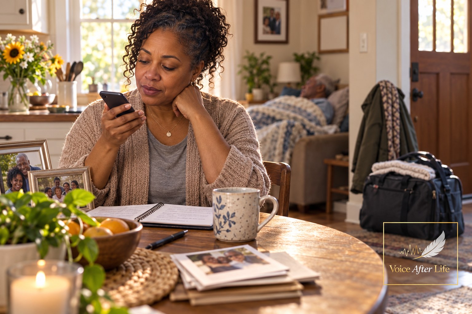 Black middle-aged caregiver at the kitchen table while an older loved one rests in the background.