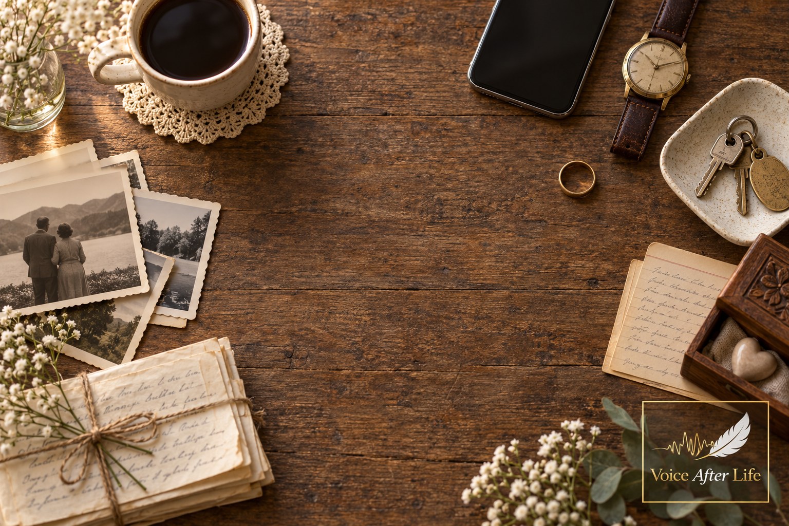 Overhead still-life of coffee, phone, watch, ring, keys, letters, and family photographs on aged wood.