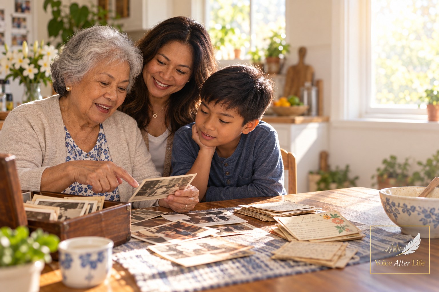East Asian grandmother, adult daughter, and young boy share family memories in a bright kitchen.