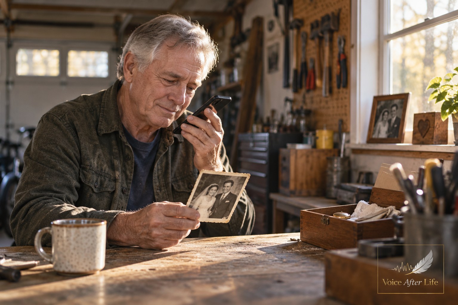 Elderly white man in a garage workshop reflects on a vintage wedding photograph while recording a message.