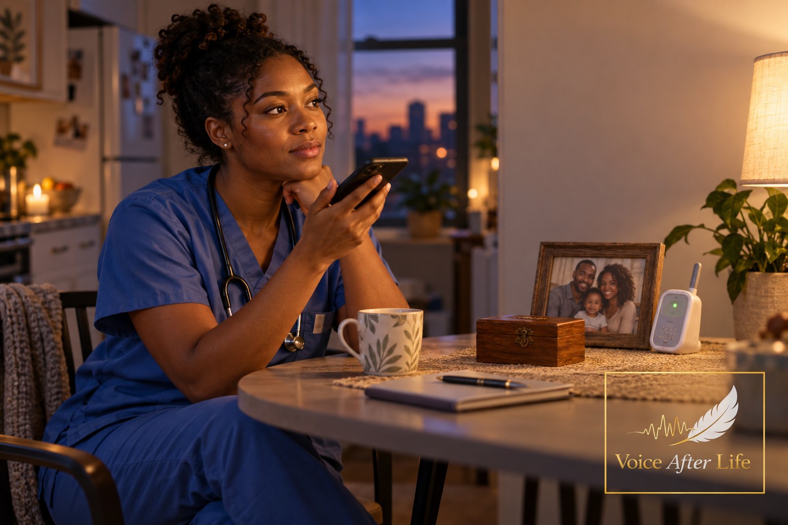 Black female healthcare worker in scrubs sits alone after work, reflecting with a family photo nearby.