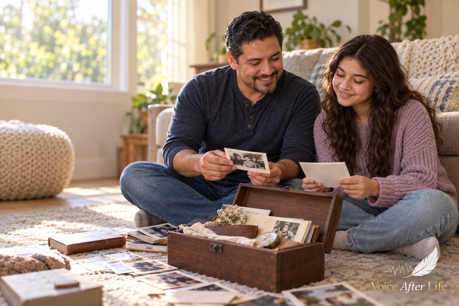 Latino father and teenage daughter sit together on the floor sorting a family keepsake box.