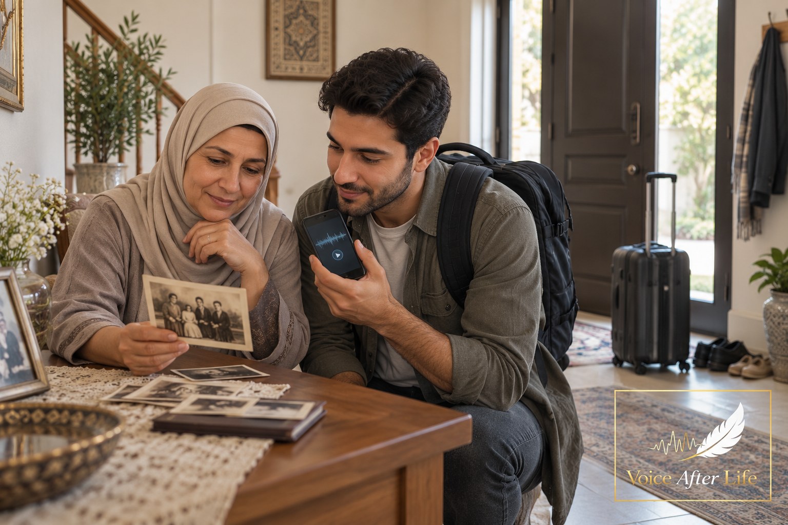Middle Eastern mother in hijab and young adult son with travel bags pause together before a departure.