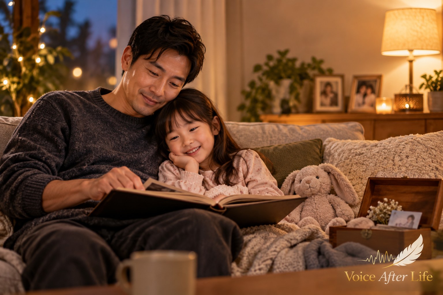 East Asian father and young daughter sit together on a sofa sharing a quiet family moment with a photo album nearby.