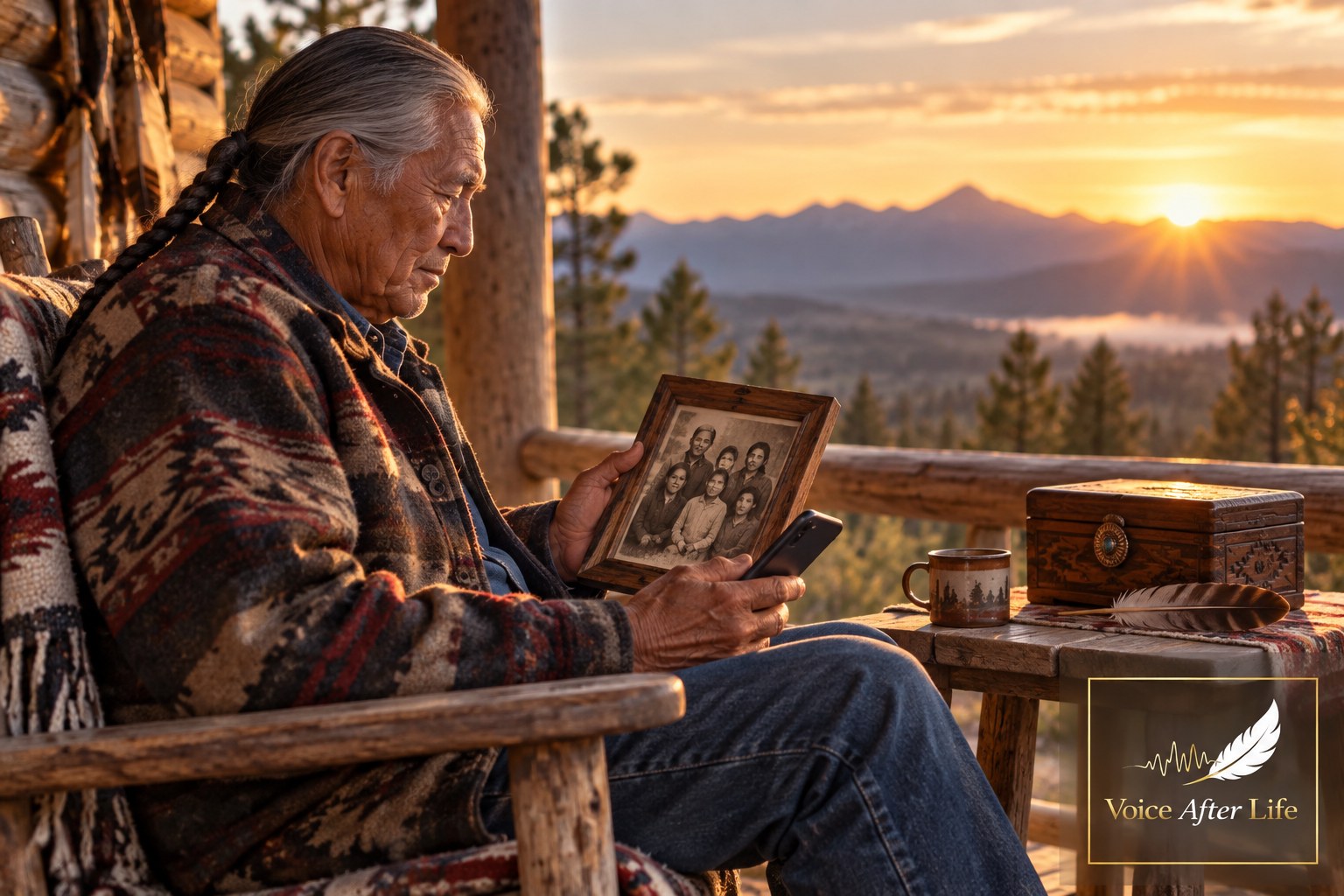 Native American elder sits on a cabin porch at sunset with a framed family portrait and mountain landscape beyond.