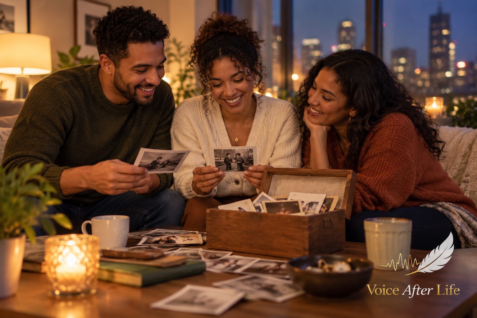 Three diverse adult friends in a city apartment share keepsakes and family stories at night.