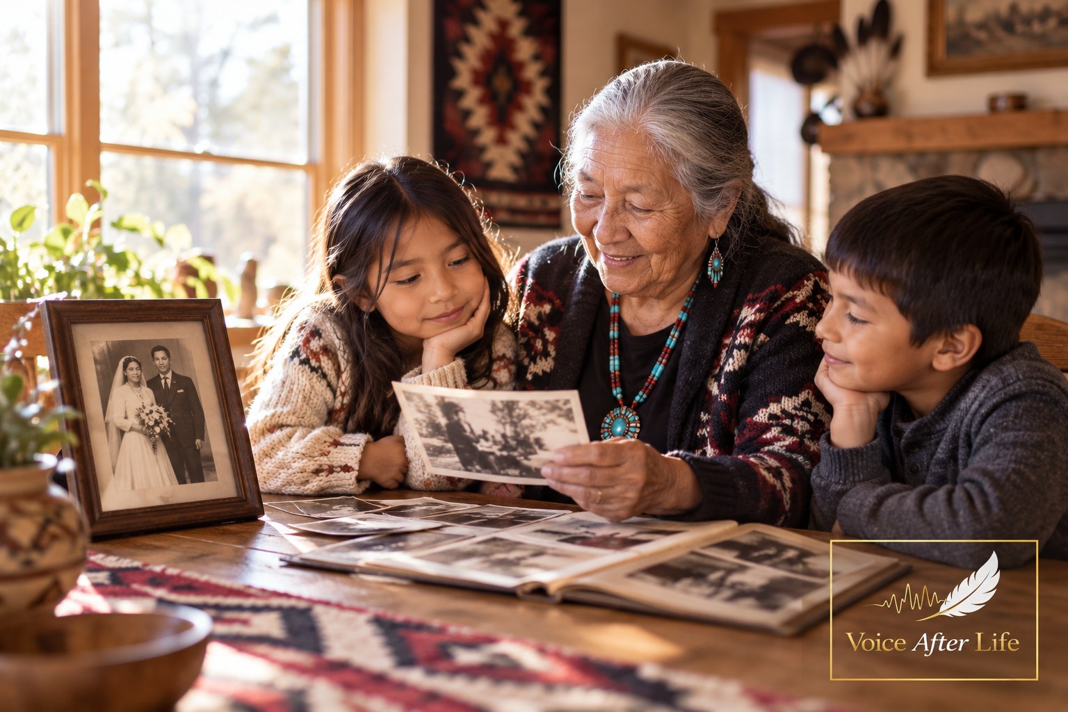 Native American grandmother with a girl and boy grandchild shares family history beside an old wedding portrait.