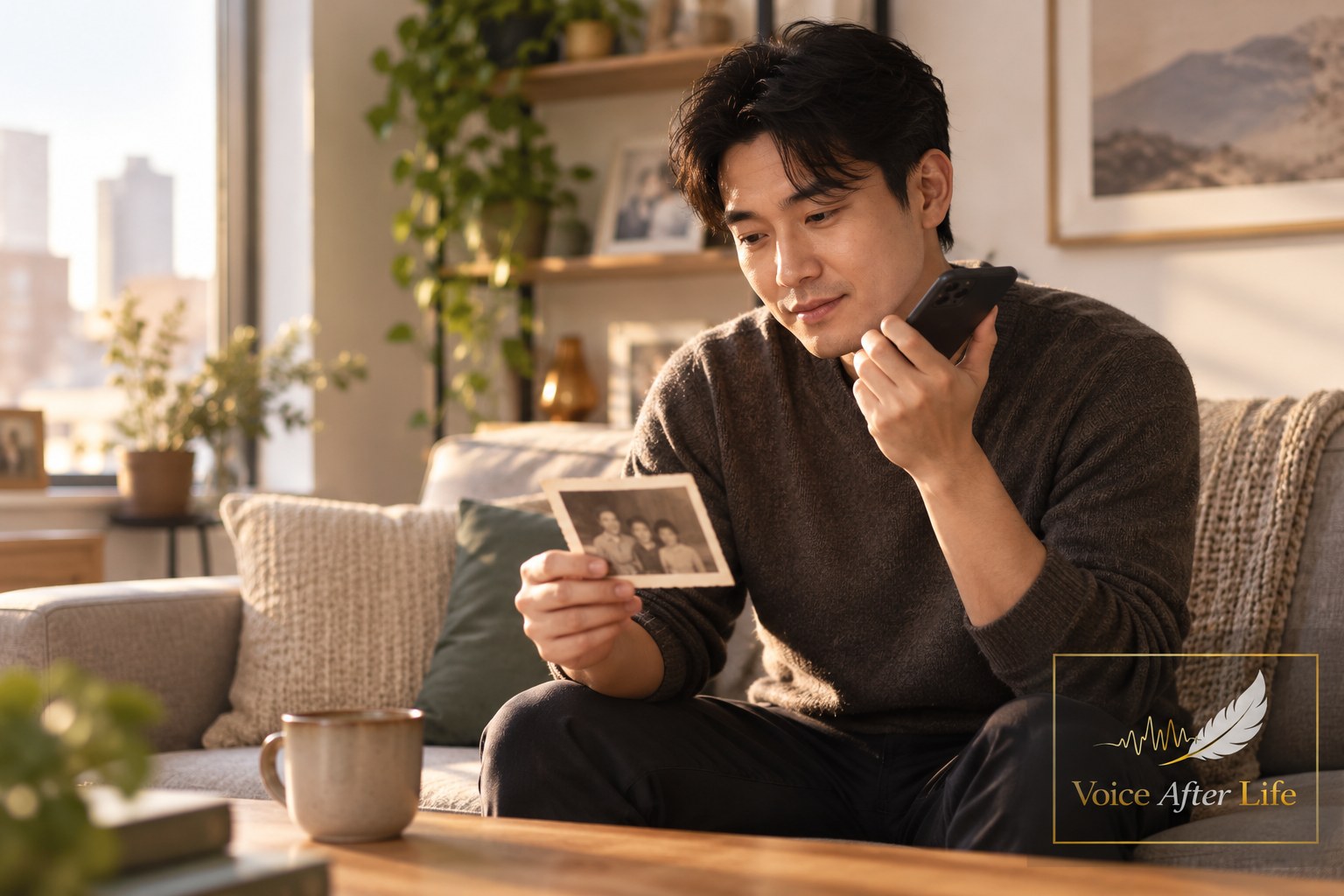 Single East Asian man in a modern apartment quietly reflects while holding a family photograph.