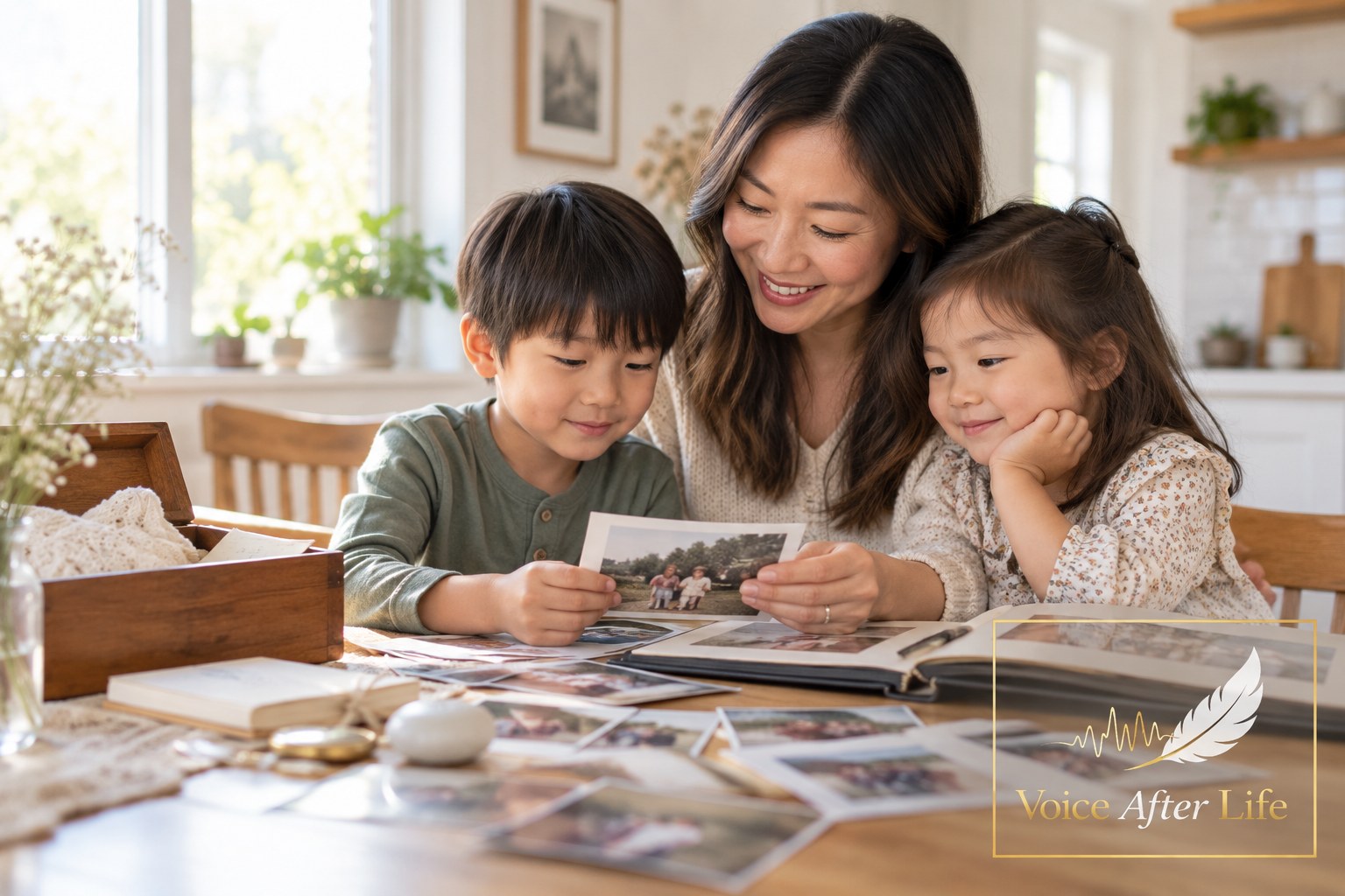 East Asian mother with a young son and daughter shares family memories around the kitchen table.